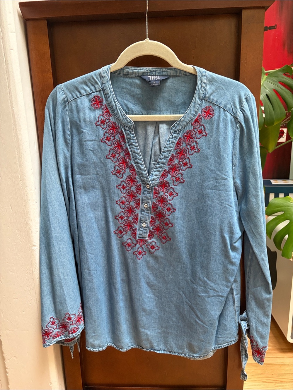 Women's Embroidered V-Neck Denim Tunic - Blue with Red Accents